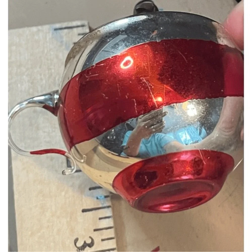 Vintage Mercury‎ Glass Teapot Christmas Ornament Red Silver Floral Hand Painted